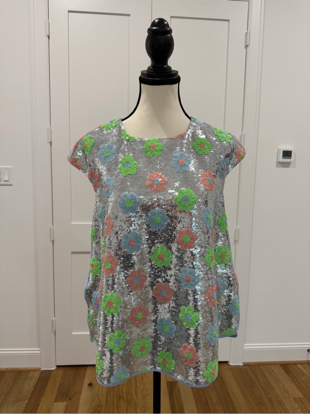 Odeeh Floral Sequin Tunic Top | Silver Sequin Oversized Statement Top